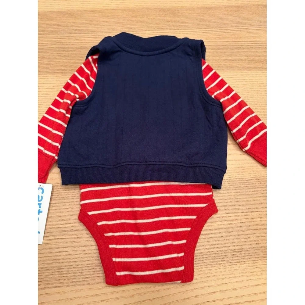 Carters Baby Boys 2 Piece Set Red Striped Bodysuit Navy Blue Sports Vest 3M